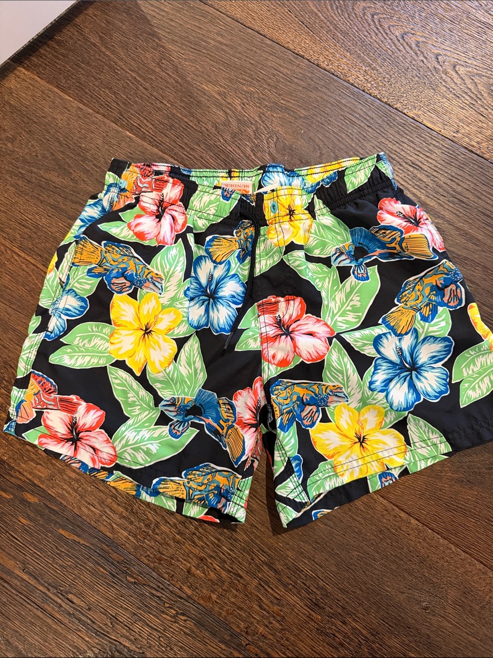 Sundek Black Tropical Floral Swim Trunks with Multicolor Hibiscus